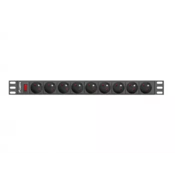 Toitejaotusseade LANBERG PDU-09E-0300-BK — 9x Type E pistikupesa, 16 A, 220–250 V, 3 m kaabel, 1U rack, 19 tolli