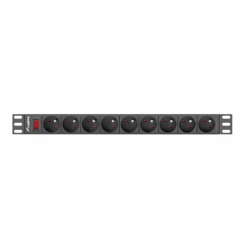 Toitejaotusseade LANBERG PDU-09E-0300-BK — 9x Type E pistikupesa, 16 A, 220–250 V, 3 m kaabel, 1U rack, 19 tolli