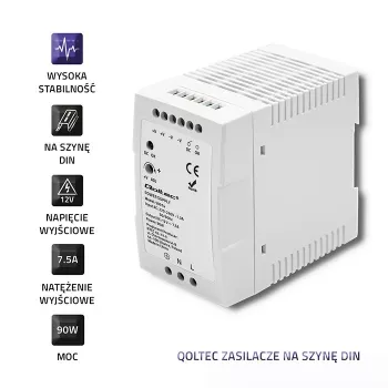 Qoltec 50914 DIN-liistu toiteplokk | 90W | 12V | 7,5A | Valge | Õhuke