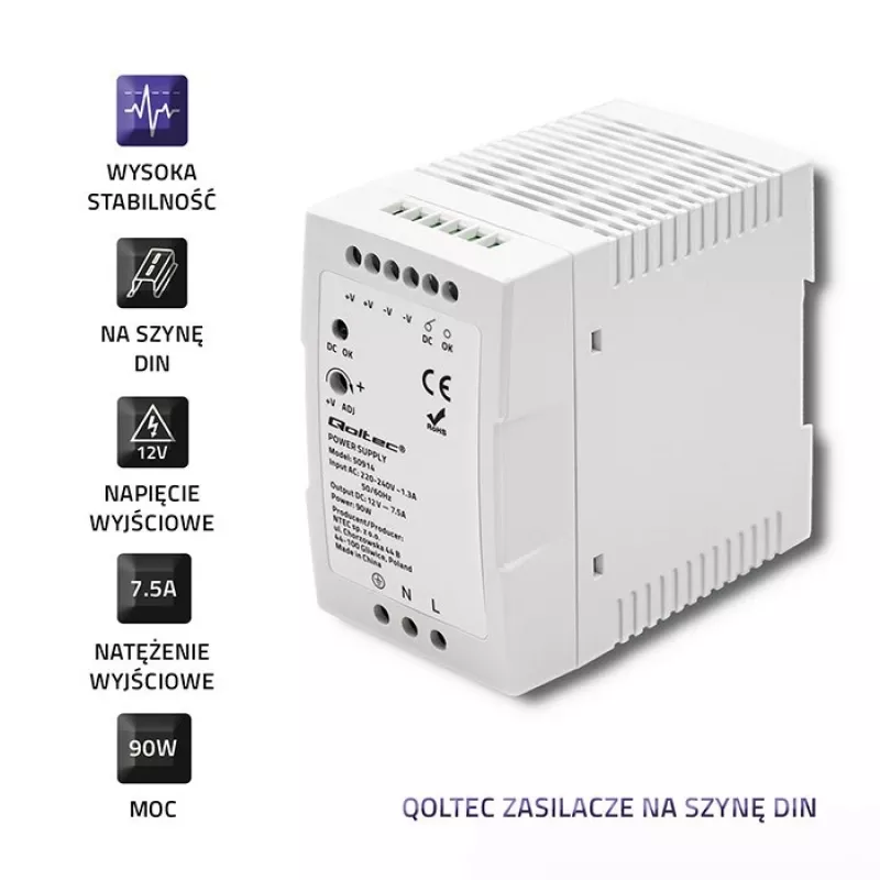 Qoltec 50914 DIN-liistu toiteplokk | 90W | 12V | 7,5A | Valge | Õhuke