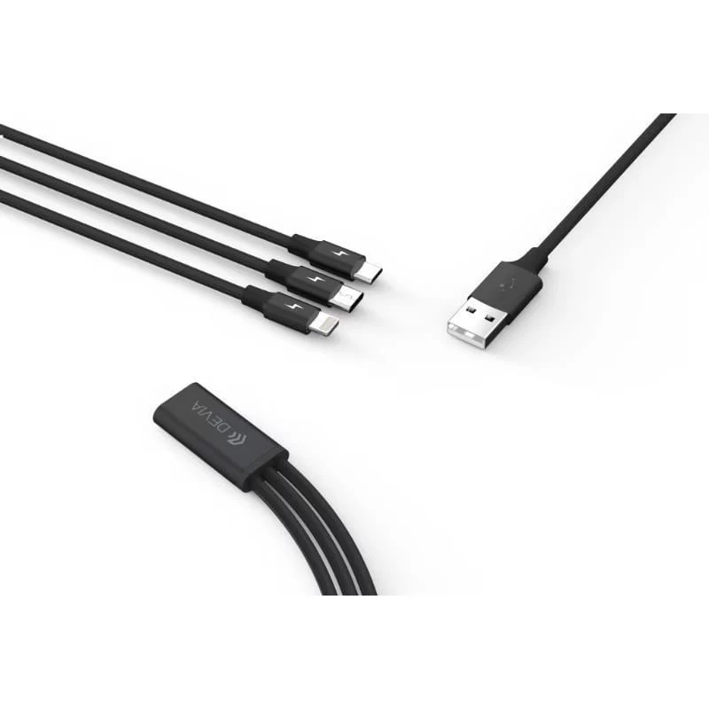 USB 3-in-1 laadimis-/andmekaabel Devia Kintone Series — Lightning, Micro-USB, USB-C, 1,2 m, must