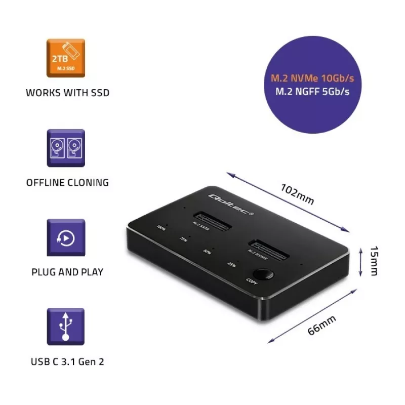 Qoltec 52274 M.2 SSD kettaseadme dokkimisjaam | NVMe | SATA | USB-C | DUAL 2 x 2TB