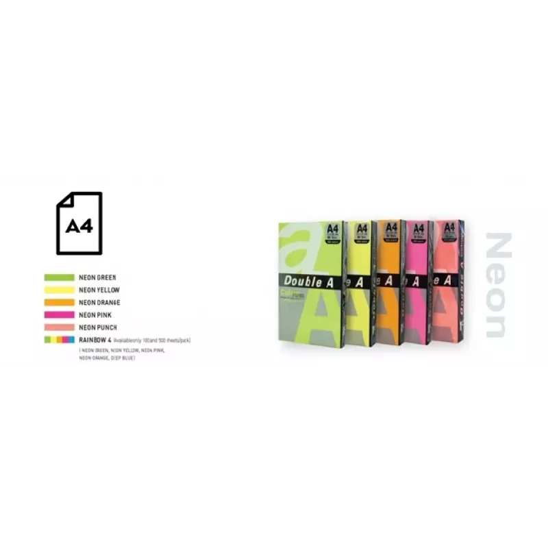 Värviline neoonpaber Double A, 75g, A4, 100 lehte, Rainbow 4, 5 neoonvärvi