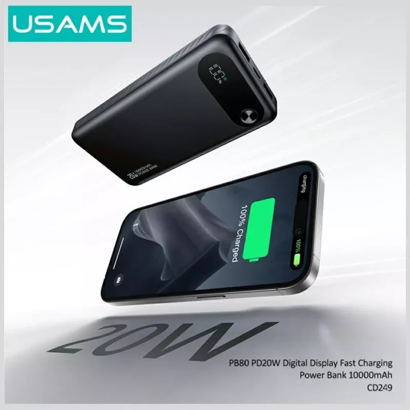 Akupank usams PB80 PD20W 10000 mAh — kaasaskantav laadija, must