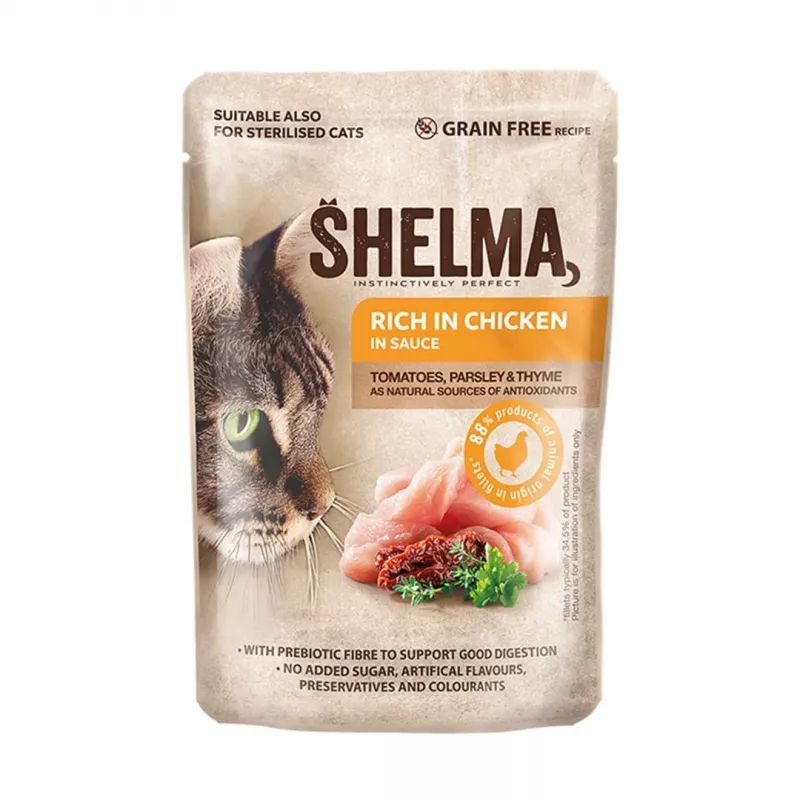 SHELMA kalkuni, pardi, kana ja veiselihaga kastmes – märg kassitoit – 12x85g
