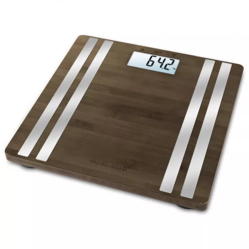 Elektrooniline isiklik kaal Medisana BS 552 — hõbedane bambuspealispinnaga, max 180 kg, 100 g täpsus, Bluetooth, KMI, keha koostis