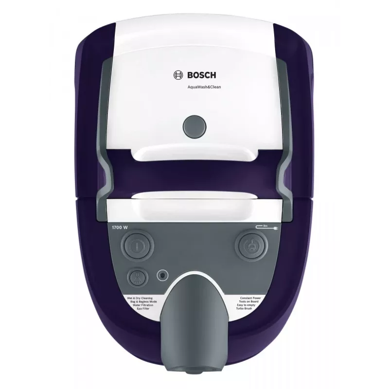Märg- ja kuivtolmuimeja Bosch BWD 41740 AquaWash&Clean — 1700 W, 5 L paak, EPA filter, teleskooptoru, 9 m raadius, lilla