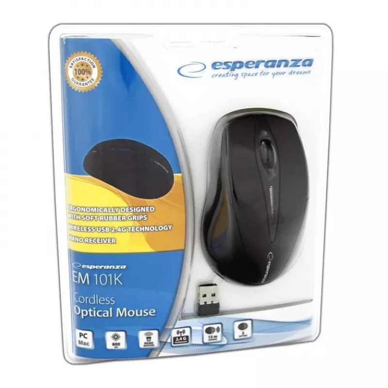 Juhtmeta — RF juhtmeta hiir ESPERANZA EM101K, mõlemakäeline, 1000 DPI, 2,4 GHz nano USB-vastuvõtja, must
