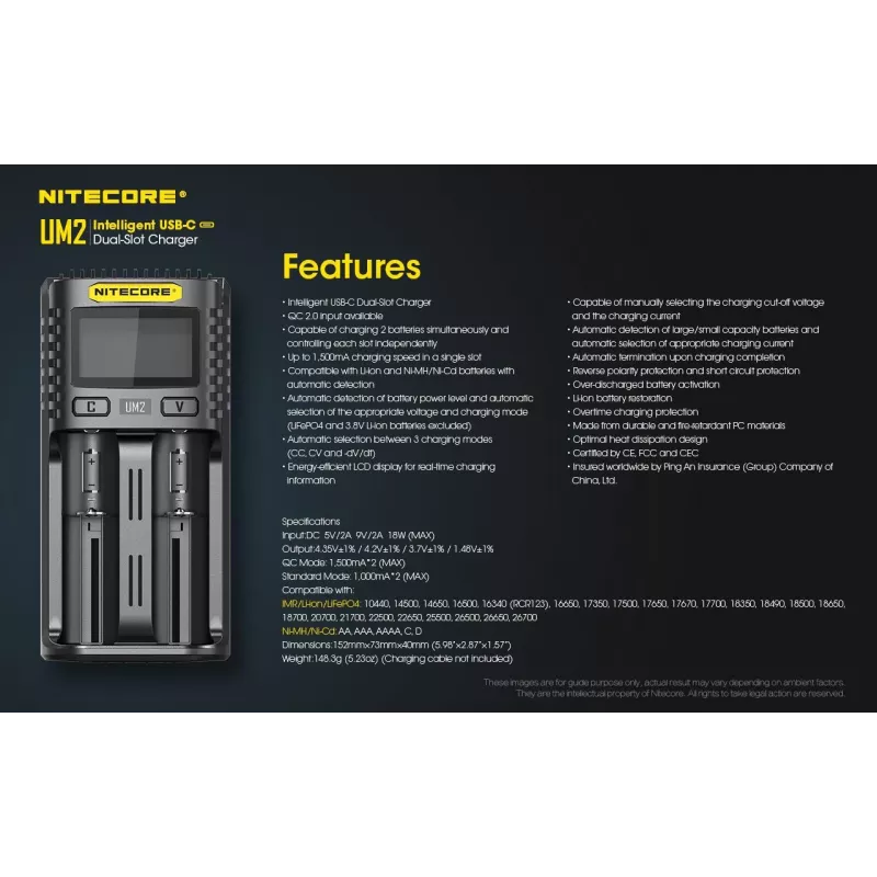 Nitecore UM2 akulaadija majapidamisaku DC Liitiumioon Nikkelkaadmium