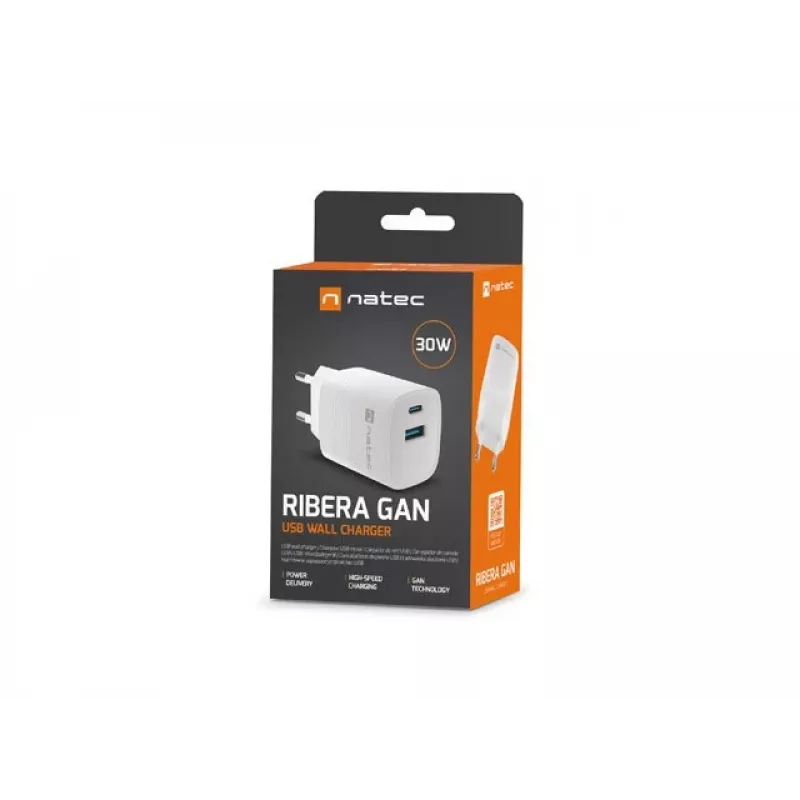 Juhtmega mobiilseadme laadija NATEC NUC-2140, 30W, USB-C PD 3.0 + USB-A, Samsung AFC, Valge