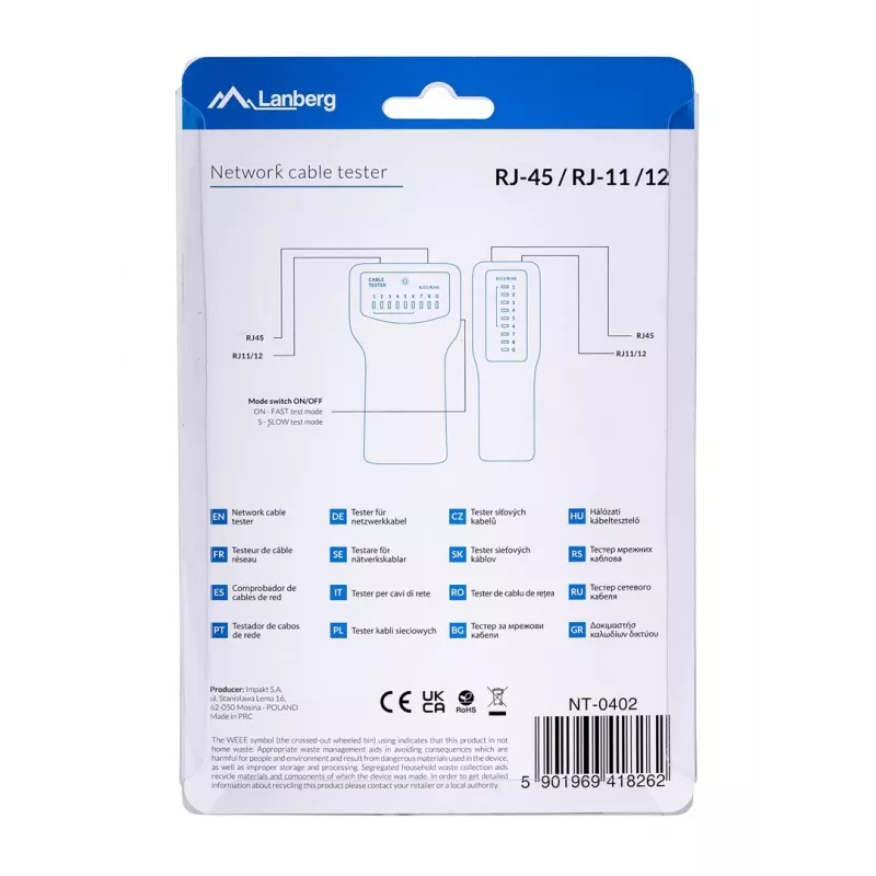PoE tester LANBERG NT-0402 — PoE võrgukaabli tester RJ-45/RJ-11 toega, LED-indikaatorid, toite LED, sisse/välja lüliti