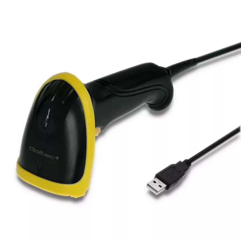 Pihukoodilugeja QOLTEC 50867 — 1D/2D laserskanner, USB-juhtmega, 600 mm lugemisulatus, kollane/must