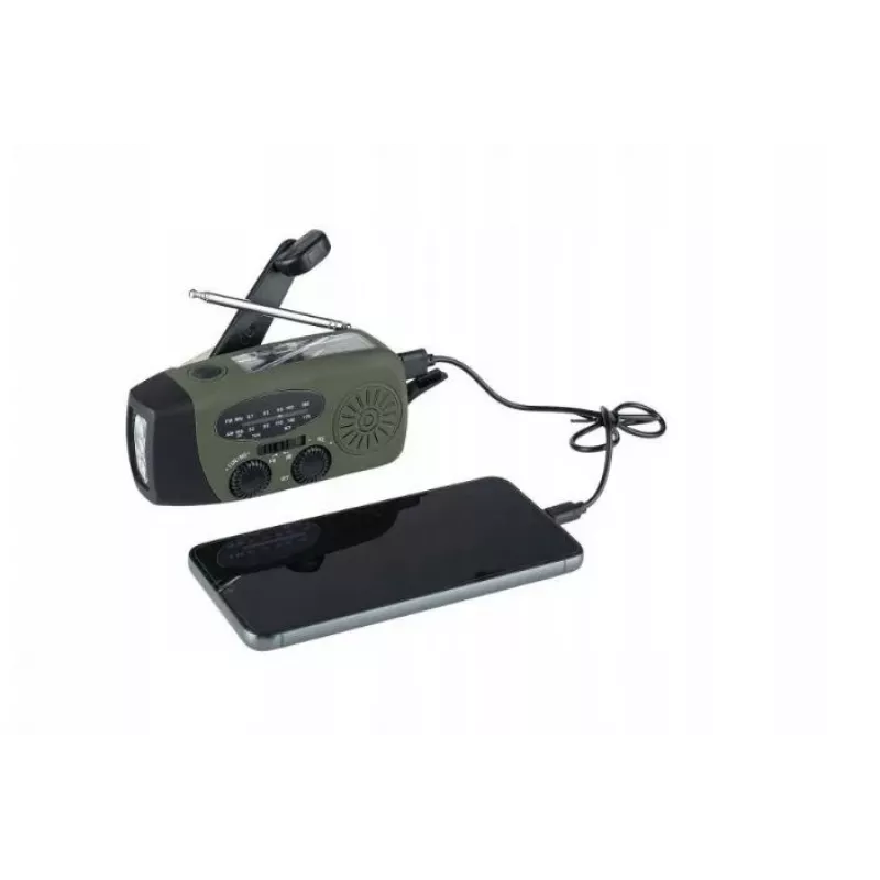 Hädaabiraadio FOSCO 464600 LED-taskulambi, akupanga, FM, IPX3, päikese-/käsitsi-/USB-C-ga – roheline/must