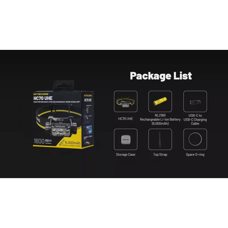 Nitecore HC70 UHE otsalamp, 1600 lm, 6 LED-i, IP68, USB-ga laetav, alumiinium, 172 g, must