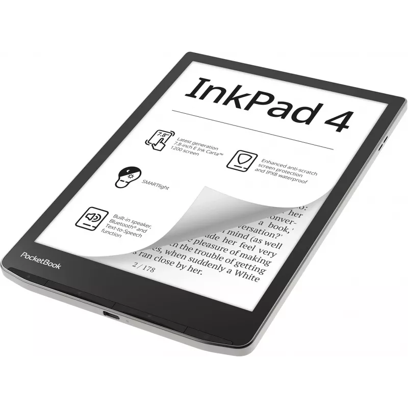 E-raamatulugeja PocketBook InkPad 4 7,8-tolline E Ink Carta, 32 GB, Wi‑Fi, must/hõbedane