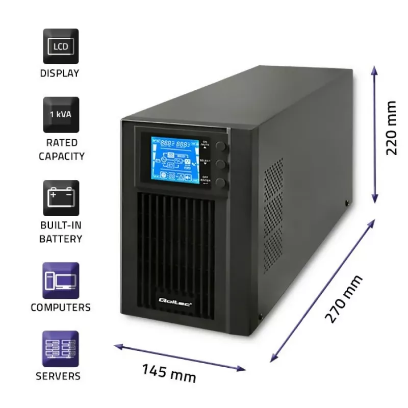 Qoltec 53042 katkematu toiteallikas (UPS) topeltmuundusega (Online) 1 kVA 800 W 2 vahelduvvoolu pistikupesa