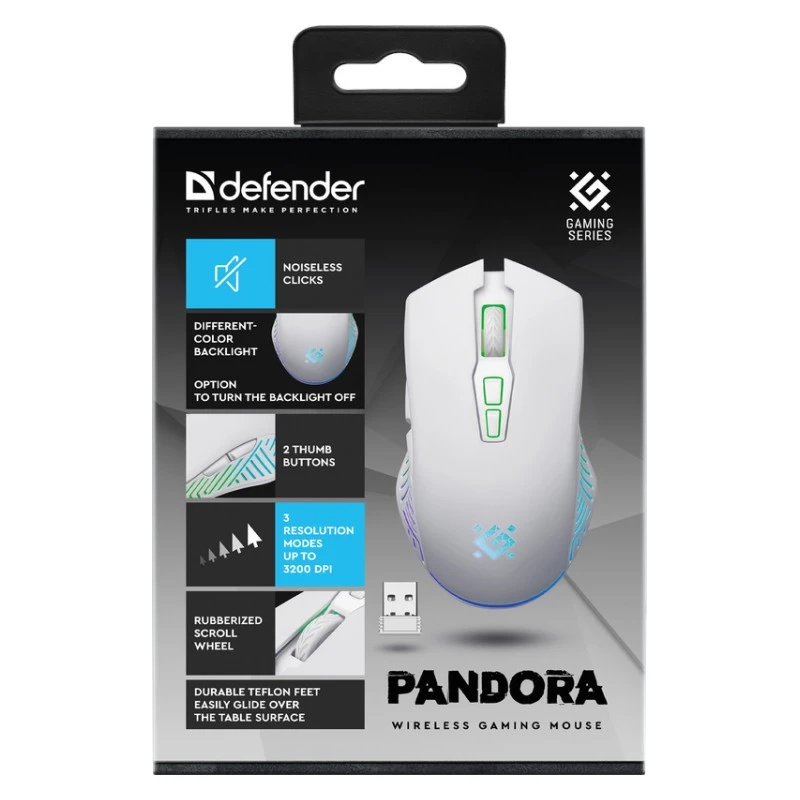 Juhtmevaba mängurihiir DEFENDER Pandora Valge — mõlemakäeline, 3200 DPI, 6 nuppu, programmeeritav, optiline, USB