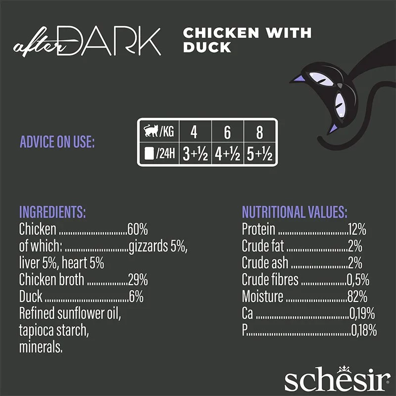 Märg kassitoit Agras Pet Foods Schesir after Dark Complete Brühe 80 g — kana, teravaba, gluteeni- ja sojavaba