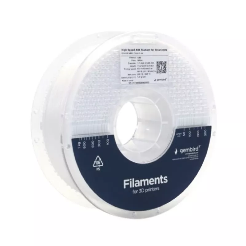 GEMBIRD ABS 1,75 mm 1 kg filament — valge, ühildub mis tahes kaubamärgiga