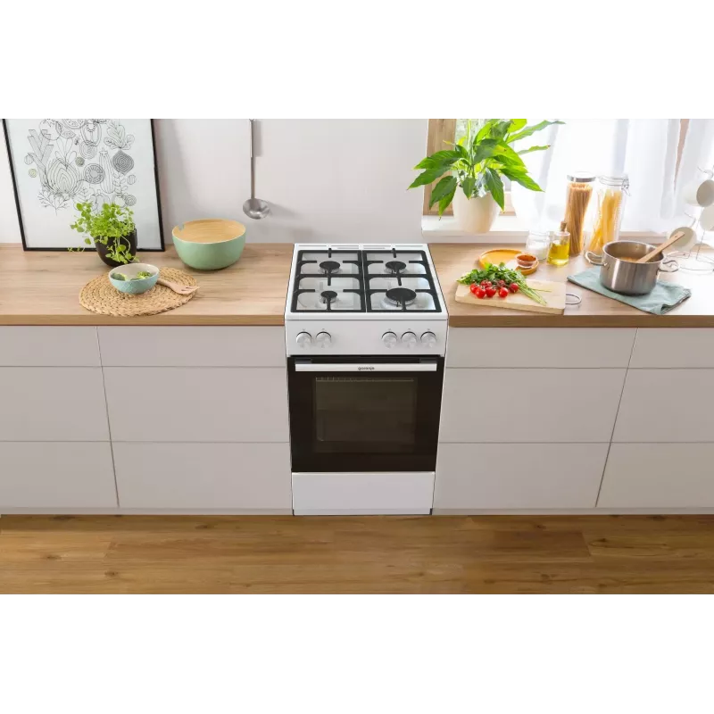 Vabalt seisev gaasipliit ahjuga Gorenje GG5A10WFFM — 4 põletiga pliidiplaat, 70 l ahi, emailitud pealispind, valge