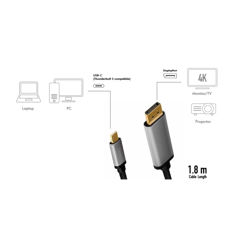 LogiLink CUA0100 kaabli pistikuüleminek DisplayPort USB 3.2 Gen1 USB-C 1,8 m must hall