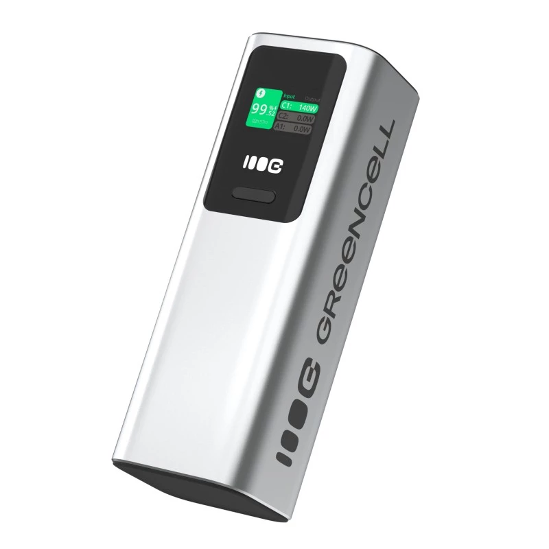 Kaasaskantav aku Green Cell PBGC25UD, 25200 mAh, Li‑Ion, 140 W koguvõimsus, 2× USB‑C + 1× USB‑A, OLED-ekraan, alumiiniumkorp