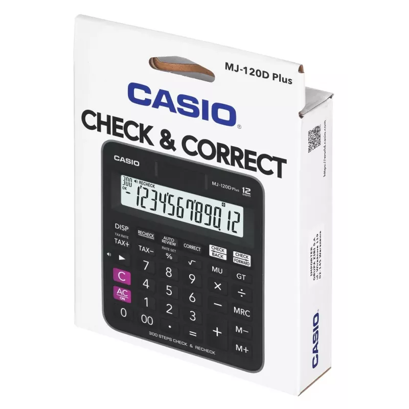 Lauakalkulaator CASIO MJ-120D PLUS — lihtne 12-kohaline, aku/päikesepatarei, 35 klahvi, maksu- ja ruutjuurefunktsioon, must