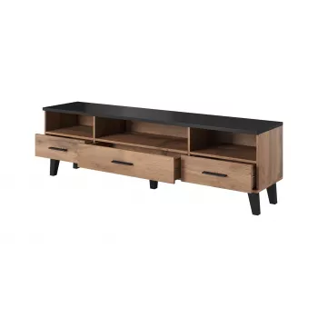 TV-alus Cama Meble LOTTA 180 cm — Wotan tammepuidust raam, matt must pealisplaat, 1800×400×530 mm