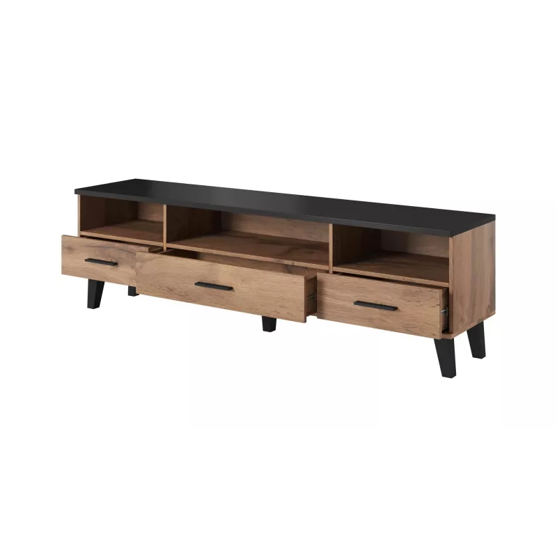TV-alus Cama Meble LOTTA 180 cm — Wotan tammepuidust raam, matt must pealisplaat, 1800×400×530 mm