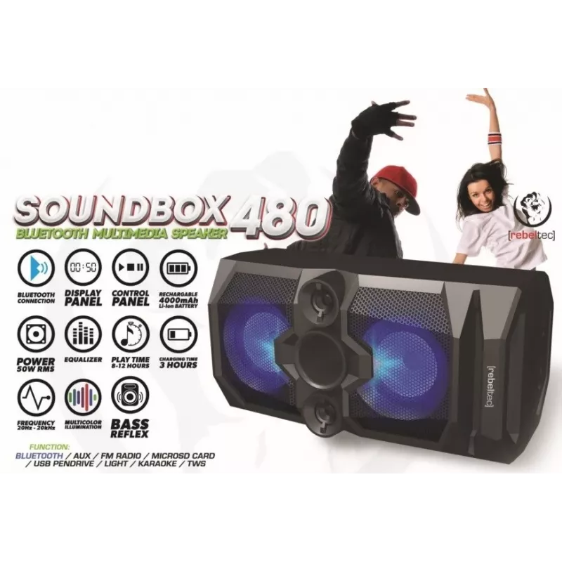 Rebeltec SoundBox 480 kaasaskantav Bluetooth stereokõlar must, 50W RMS
