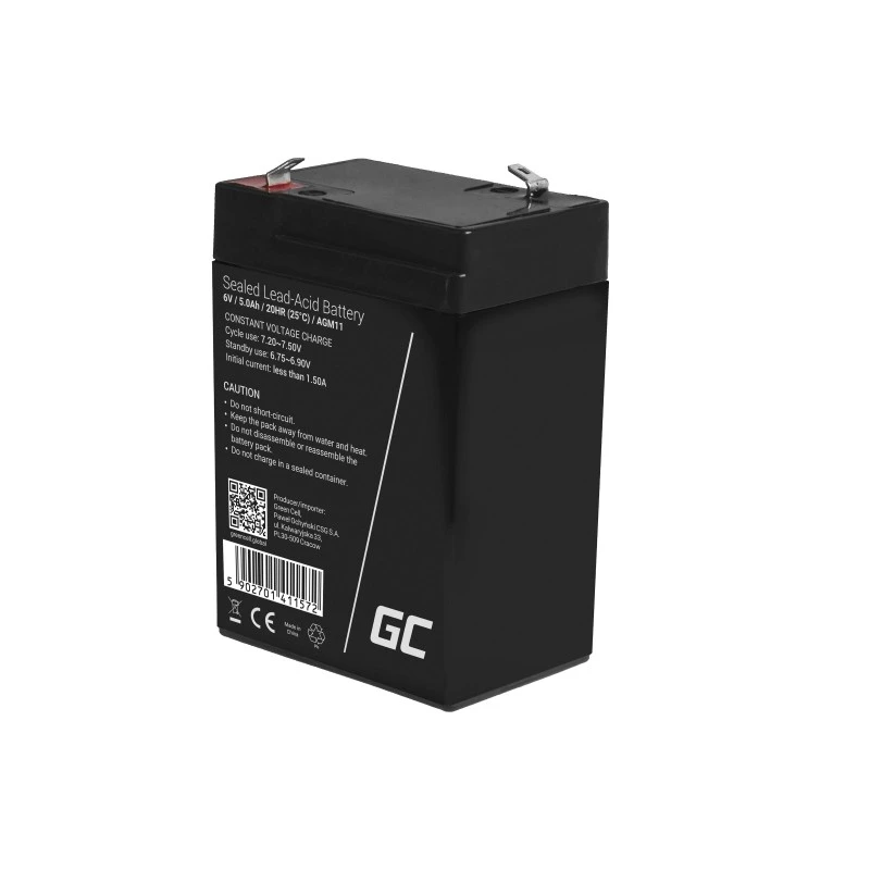 UPS aku roheline Cell AGM11 6 V 5 Ah suletud pliiaku (VRLA) üksik aku, 70×100×47 mm, 780 g