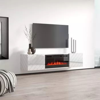 TV-kapp cama meble LUXE 1826×345×375 mm valge läikiv sisseehitatud musta elektrikaminaga (1400–1600 W)