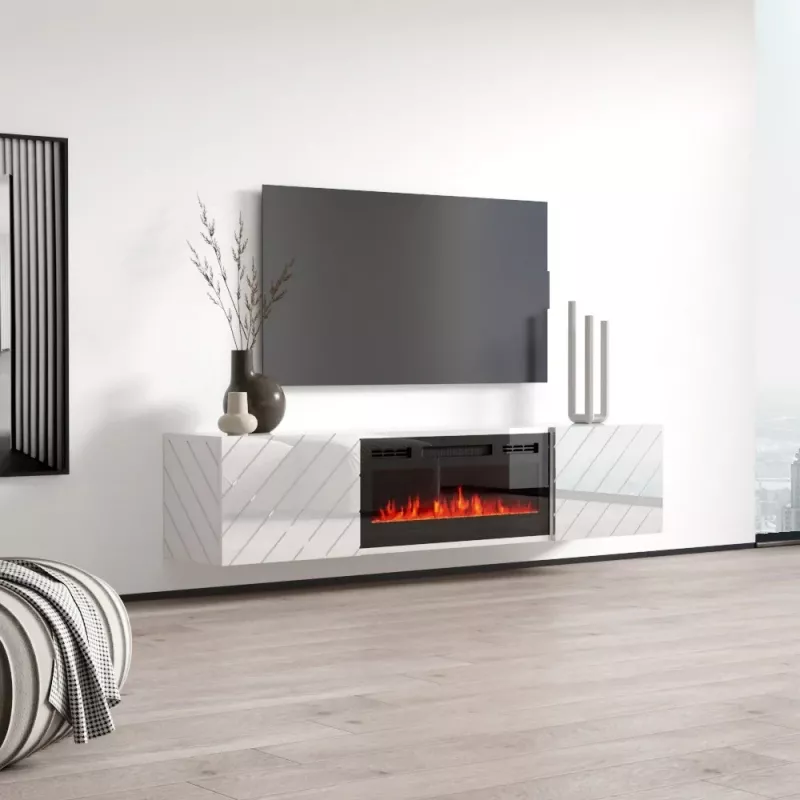 TV-kapp cama meble LUXE 1826×345×375 mm valge läikiv sisseehitatud musta elektrikaminaga (1400–1600 W)