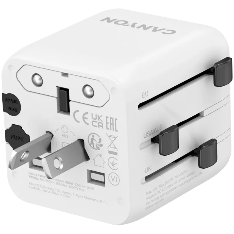 Reisiadapter CANYON OnTour One EU UK US AUS valge (CNS-TA1005W) – universaalne pistiku teisendus EL/ÜK/USA/AUS jaoks