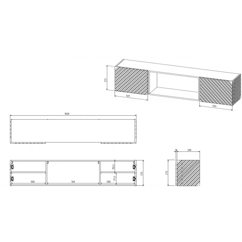 TV kapp Cama Meble LARA 183x35x37 cm, valge matt pealispind, valge raam, must kamin