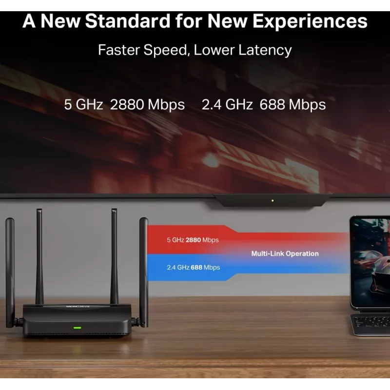 Lauapealne ruuter MERCUSYS MR25BE EasyMesh Wi‑Fi 7 kaheribaline 2,4/5 GHz, 3600 Mbps, 3× Gigabit LAN, 4 välist antenni