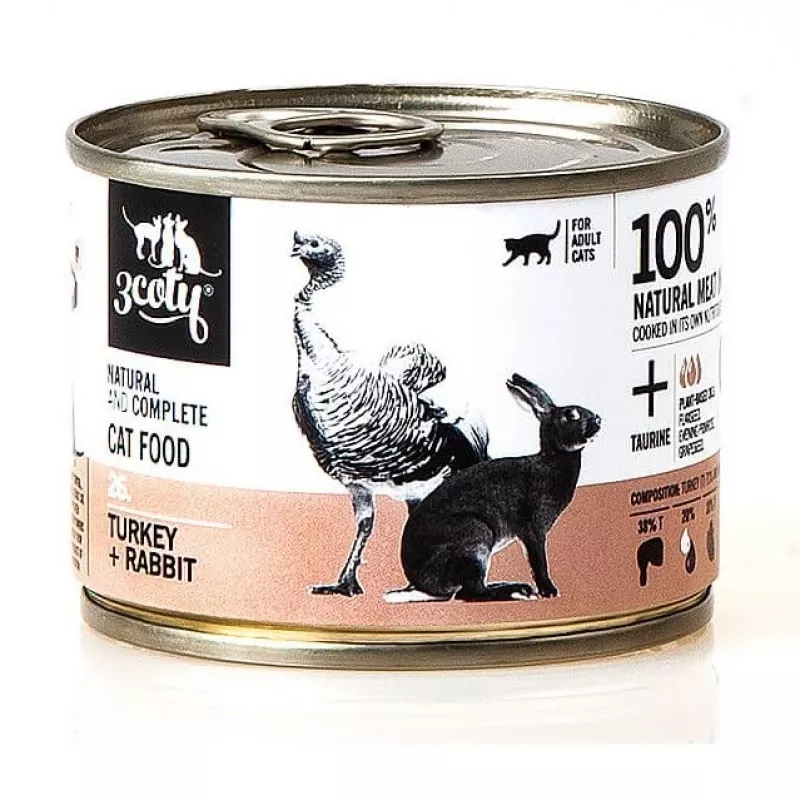 Märg kassitoit 3coty 26 kalkun ja küülik — 180 g purk, täiskasvanud kassidele, teraviljavaba, gluteenivaba, allergilistele kassidele