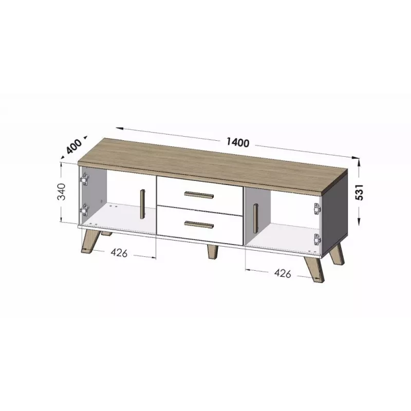Teleriiul Cama Meble LOTTA 140 cm — wotan tamme raam, must puitlaastplaadi pealispind, 1400×400×530 mm
