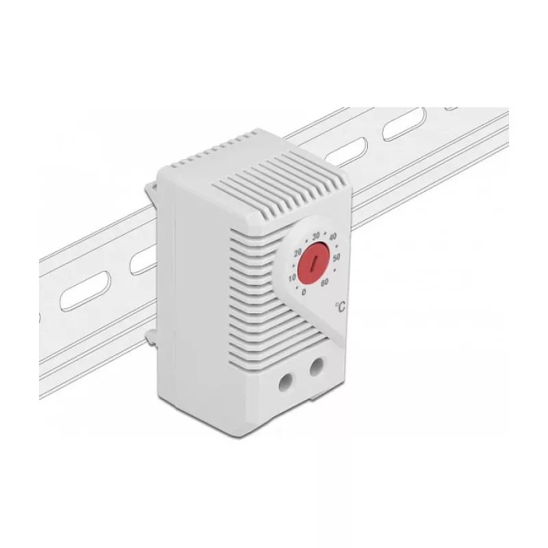 Termostaat DELOCK 66824, plastkorpus, IP20, 30 W, 250 V, 10 A, 43×60×33 mm, hall/punane