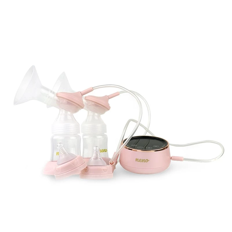 Elektriline rinnapump neno Bella Twin — elektrooniline, 150 ml pudelid, 6 stimulatsiooni / 9 imemistasandit, USB Li‑Ion aku, roosa/läbipaistev