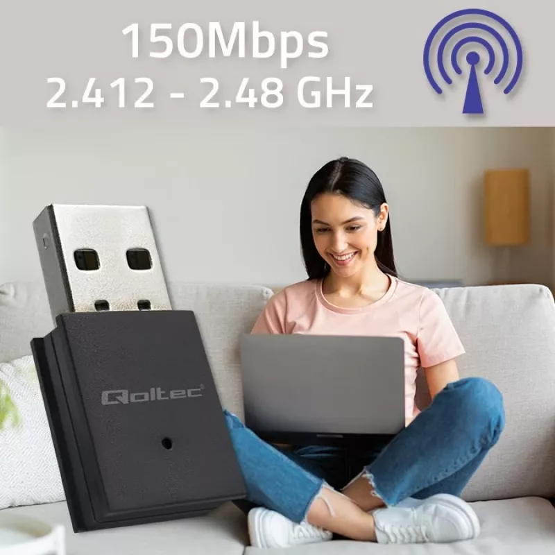 Juhtmevaba mini-USB Wi-Fi-adapter QOLTEC 57007 – üheribaline 2,4 GHz, kuni 150 Mbit/s, sisemine antenn