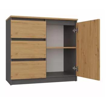 Kummut Top e Shop Topeshop 1D3S ANT/ART BA KPL — antratsiit ja tamm, 3 sahtlit, puitlaastplaadist raam