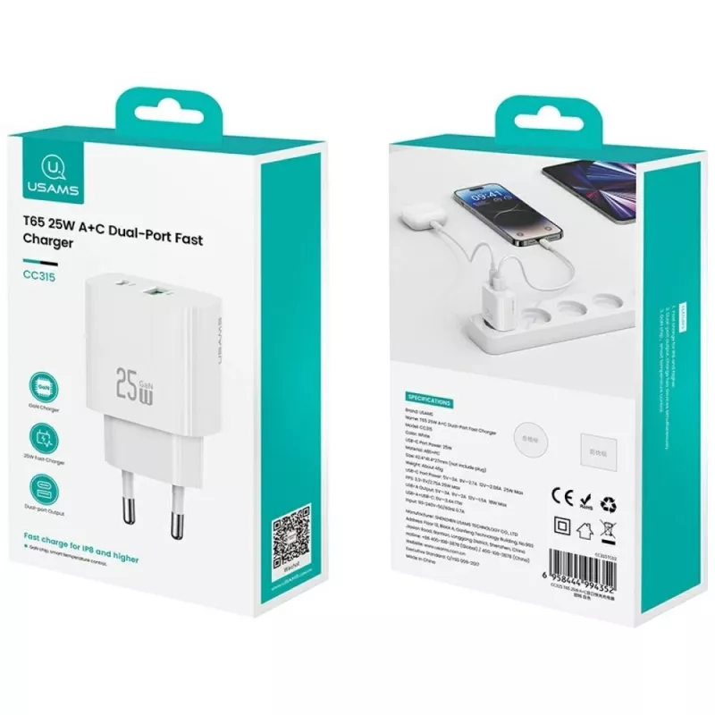 USAMS CC315 T65 25W 1xUSB-C 1xUSB-A kiirlaadimisseinalaadija