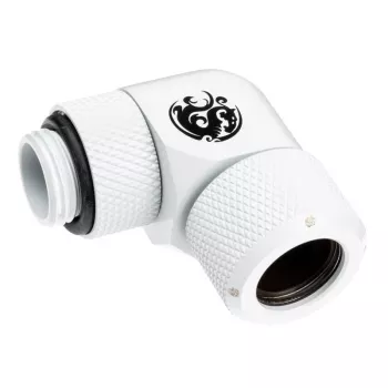 Liitmik BitsPower BP-DWE90RMLA12 — messingist 90° nurgaliitmik, valge, Ø 12 mm