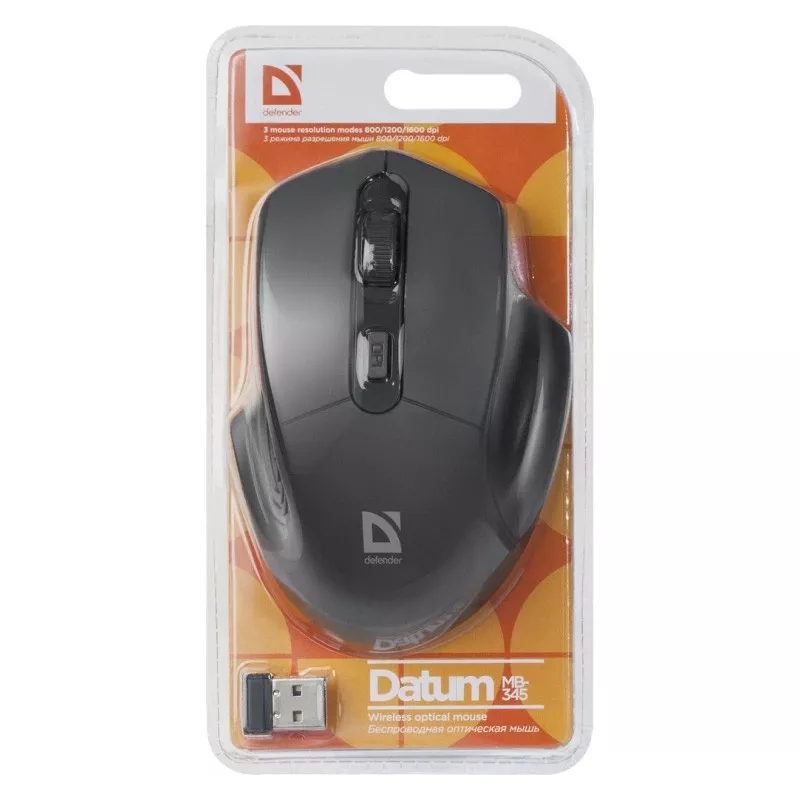 Juhtmevaba optiline hiir DEFENDER Datum MB-345 RF, mõlemakäeline/paremakäeline, 1600 DPI, 3 nuppu, USB RF-vastuvõtja, must