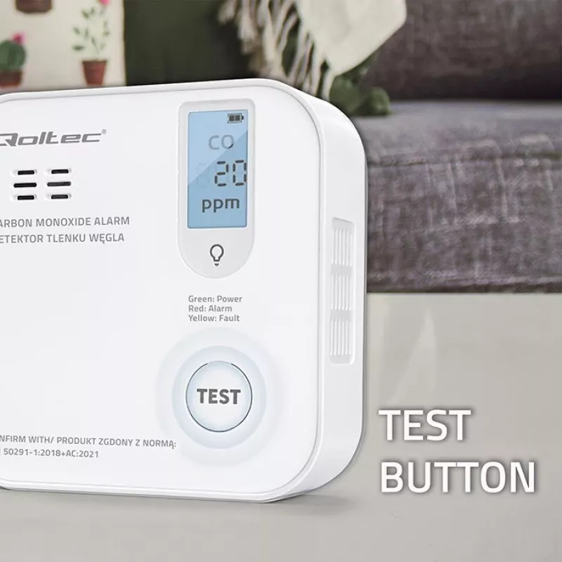 Vingugaasiandur QOLTEC 52577 — patareitoitega alarm, 85 dB helitugevus