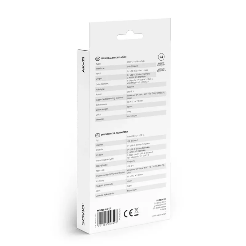 USB 3.0 4-pordiline liidesejaotur SAVIO AK-71 USB-C-hostiga, 5000 Mbit/s, 2-aastane garantii