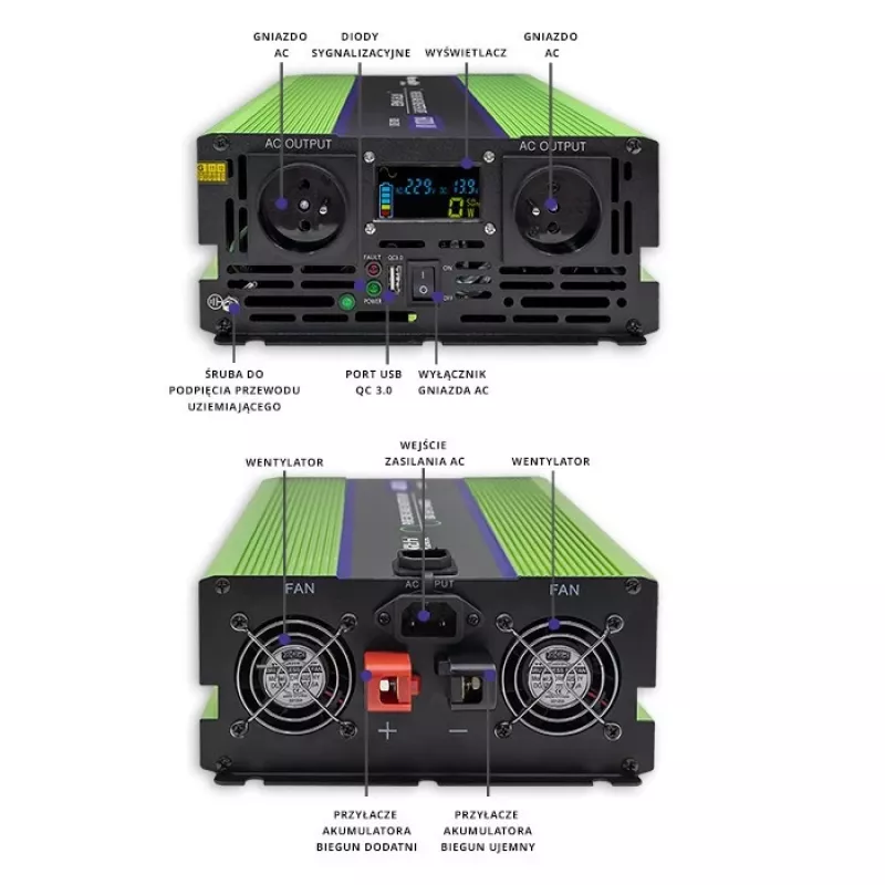 Qoltec Monolith toiteadapter/muundur Auto 5000 W Roheline