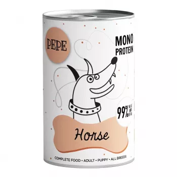 Märg koeratoit PAKA ZWIERZAKA Pepe Hobune — 400 g purk, täiskasvanud koerad, ühe valguga, 10,9% valku, 4% rasva