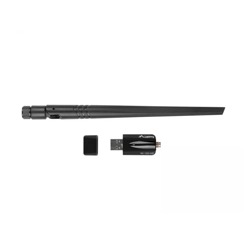 Sisemine WLAN-kaart LANBERG NC-1200-WIE — Kaheribaline USB WLAN-adapter, RTL8812BU, kuni 1200 Mbit/s, väline 2x2 antenn (5 dBi), must